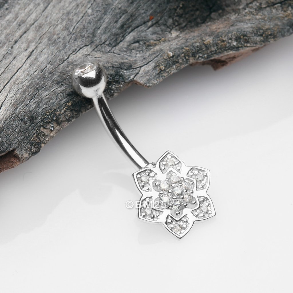 14 Karat White Gold Bali Zen Flower Sparkle Belly Button Ring